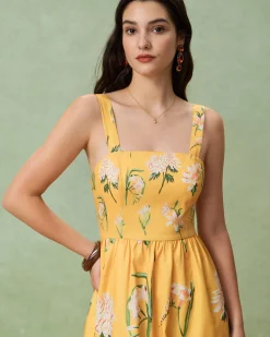 Yellow Floral A-Line Slip Midi Dress