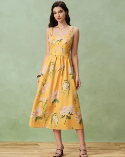 Yellow Floral A-Line Slip Midi Dress