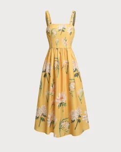 Yellow Floral A-Line Slip Midi Dress