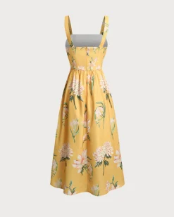 Yellow Floral A-Line Slip Midi Dress