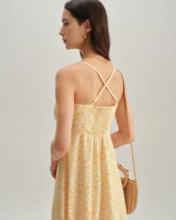 Yellow Floral Backless Slip Midi Dress