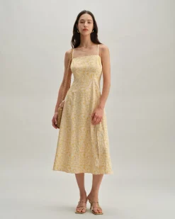 Yellow Floral Backless Slip Midi Dress