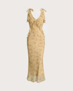 Yellow Floral Chiffon Tie Strap Maxi Dress