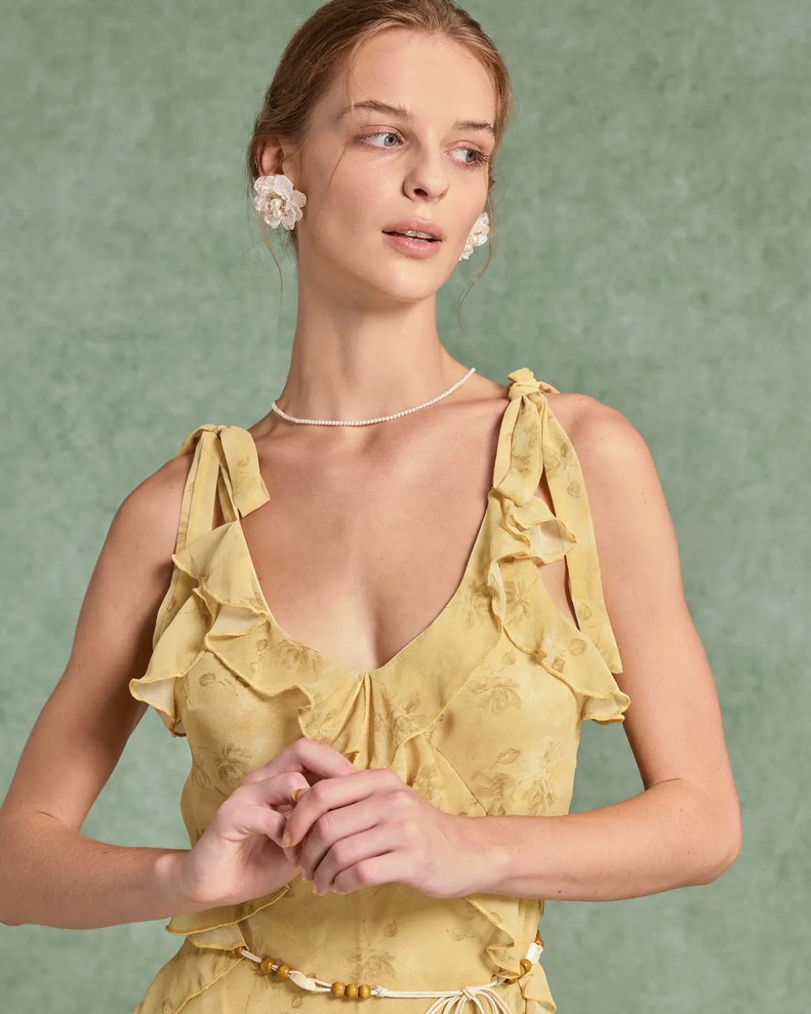 Yellow Floral Chiffon Tie Strap Maxi Dress