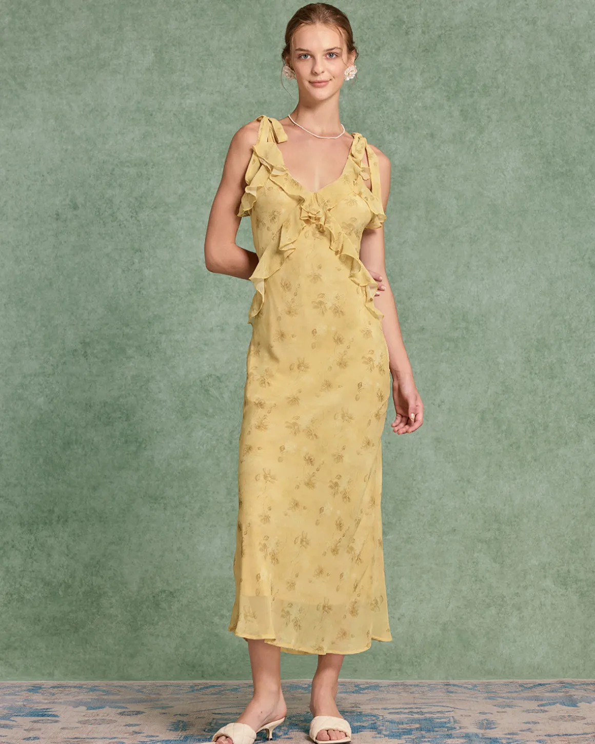 Yellow Floral Chiffon Tie Strap Maxi Dress
