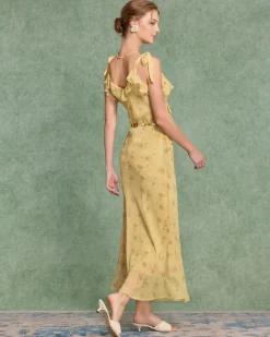 Yellow Floral Chiffon Tie Strap Maxi Dress