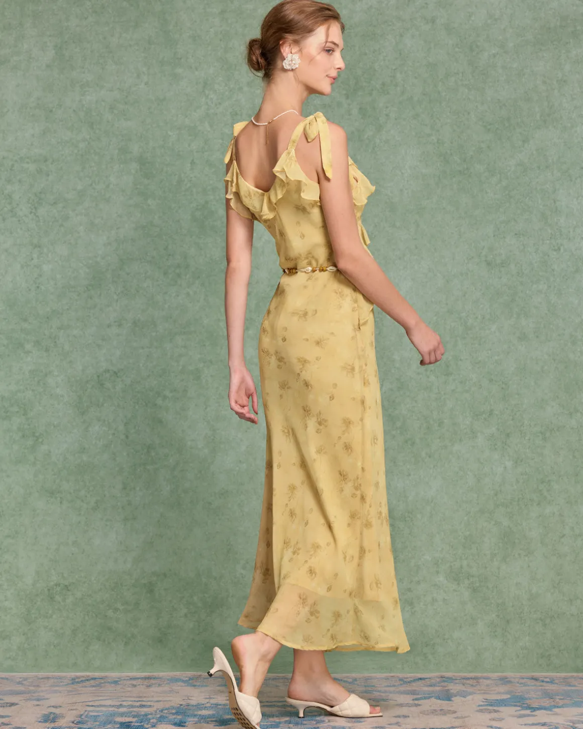 Yellow Floral Chiffon Tie Strap Maxi Dress
