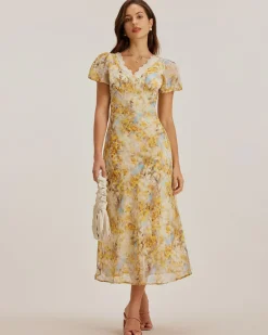 Yellow Floral Chiffon V Neck Maxi Dress