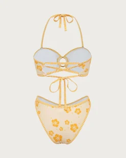 Yellow Floral Contrast Hoop Bikini Set