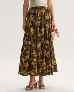 Yellow Floral Elastic Waist Midi Skirt
