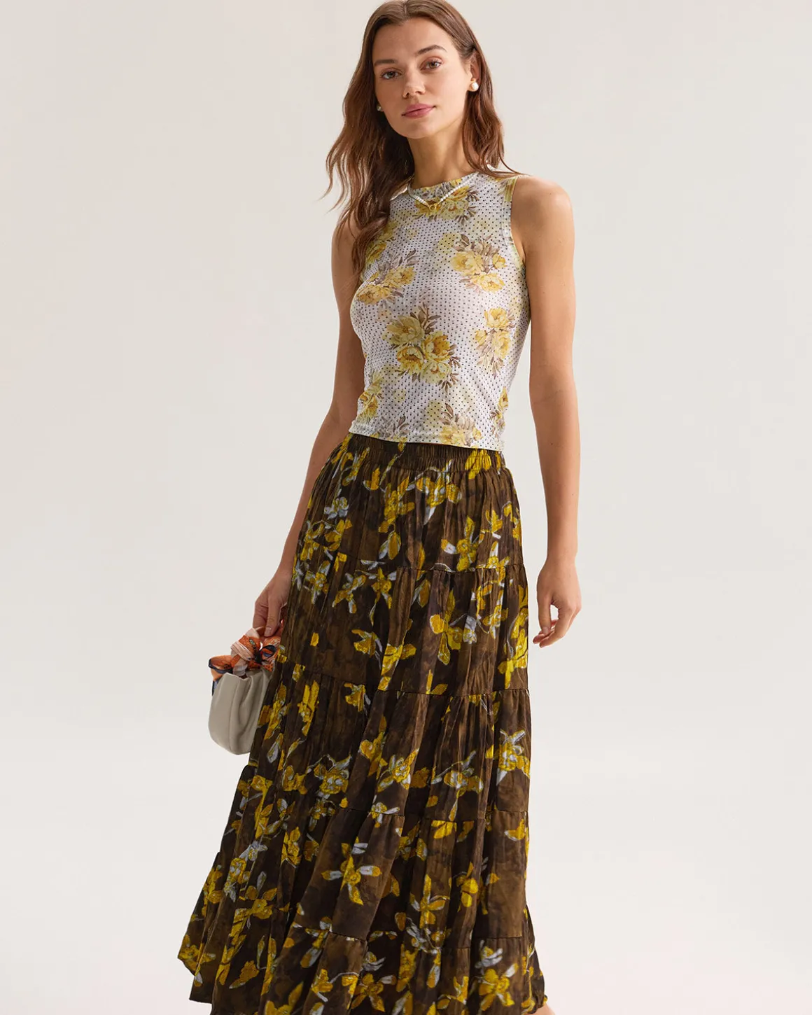 Yellow Floral Elastic Waist Midi Skirt