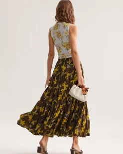 Yellow Floral Elastic Waist Midi Skirt