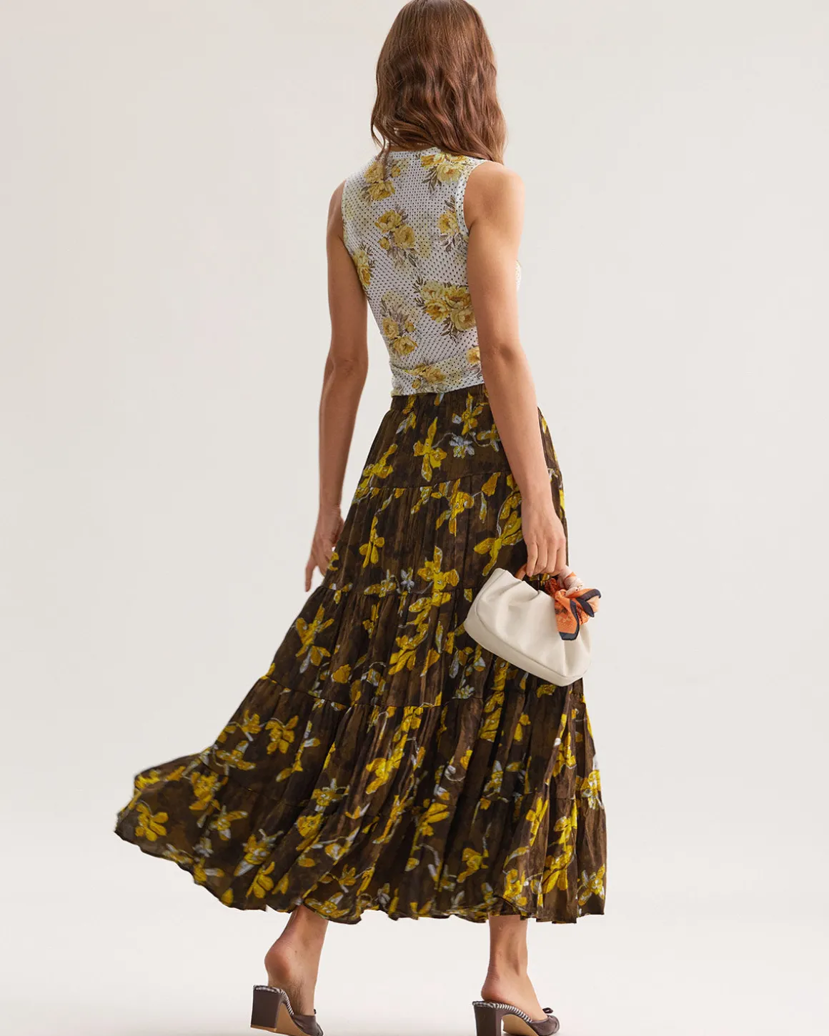 Yellow Floral Elastic Waist Midi Skirt