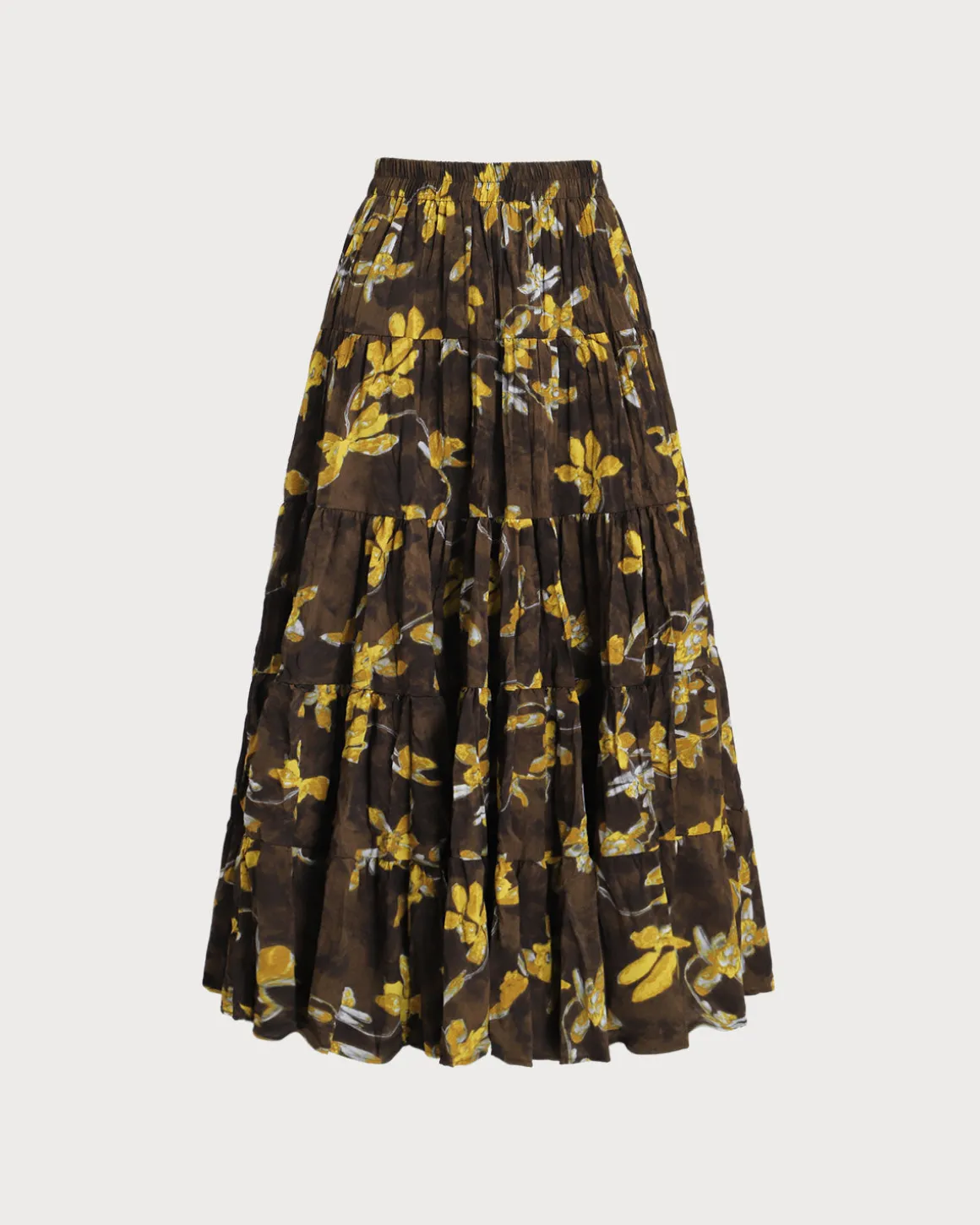 Yellow Floral Elastic Waist Midi Skirt