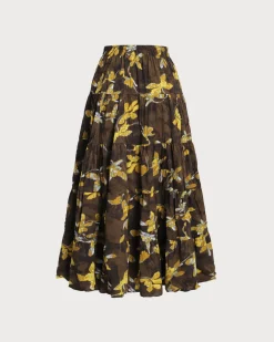 Yellow Floral Elastic Waist Midi Skirt