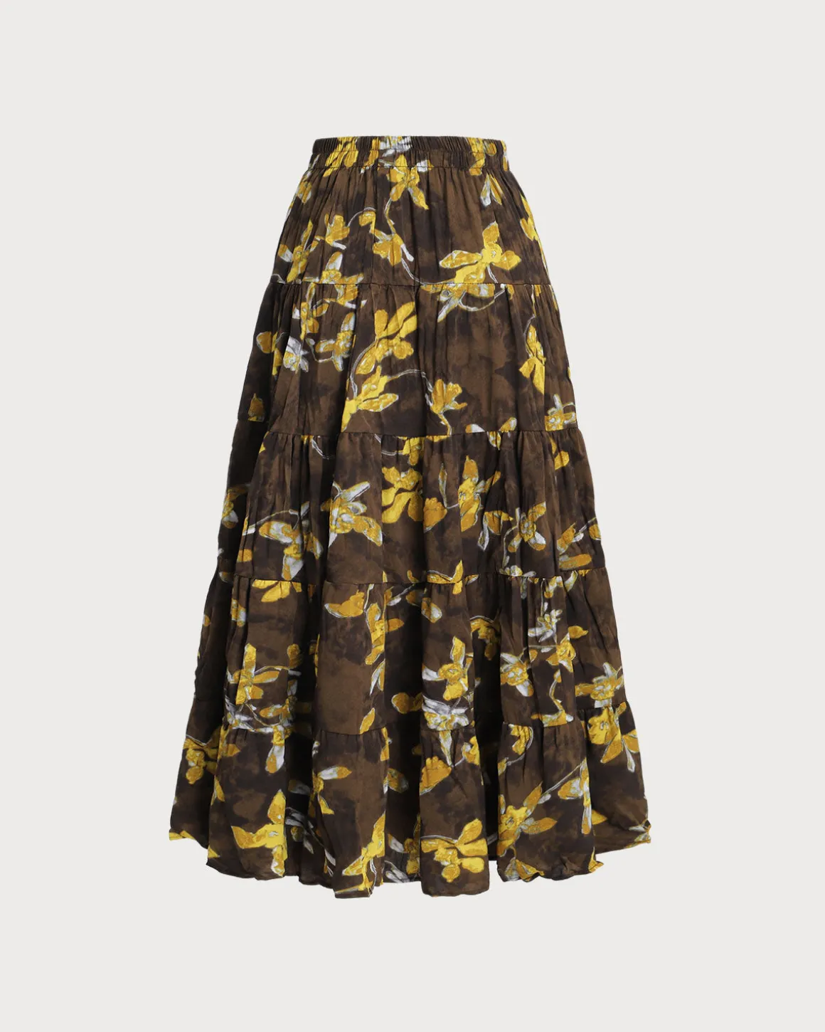 Yellow Floral Elastic Waist Midi Skirt