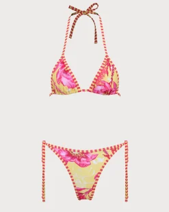 Yellow Floral Halter Drawstring Triangle Bikini Set