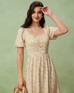 Yellow Floral Puffed Sleeve Midi Dress