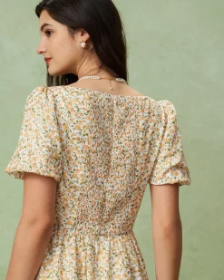 Yellow Floral Puffed Sleeve Midi Dress