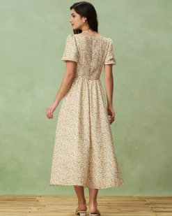 Yellow Floral Puffed Sleeve Midi Dress