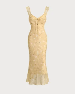 Yellow Floral Ruched Ruffle Midi Dress