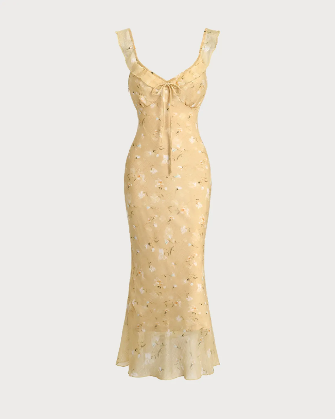 Yellow Floral Ruched Ruffle Midi Dress