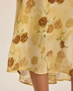 Yellow Floral Ruched Sleeveless Midi Dress