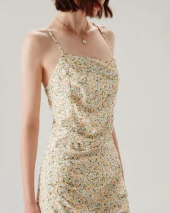 Yellow Floral Ruched Slip Midi Dress