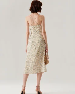 Yellow Floral Ruched Slip Midi Dress