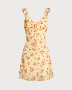 Yellow Floral Ruffle Sleeveless Mini Dress