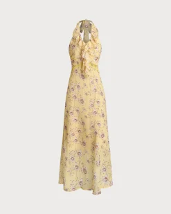 Yellow Floral Shirred Halter Maxi Dress