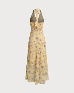 Yellow Floral Shirred Halter Maxi Dress