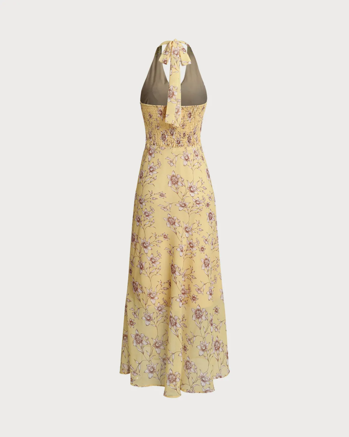 Yellow Floral Shirred Halter Maxi Dress