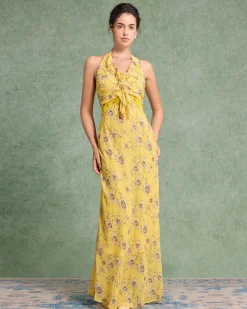 Yellow Floral Shirred Halter Maxi Dress