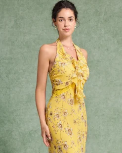 Yellow Floral Shirred Halter Maxi Dress
