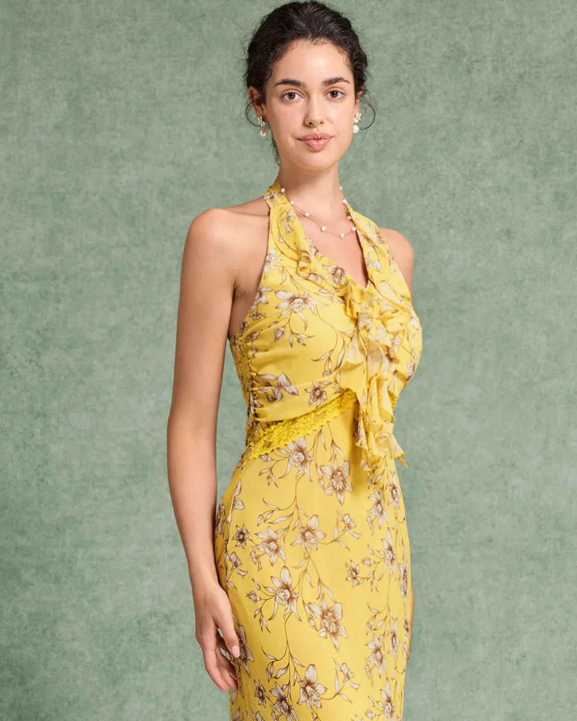 Yellow Floral Shirred Halter Maxi Dress