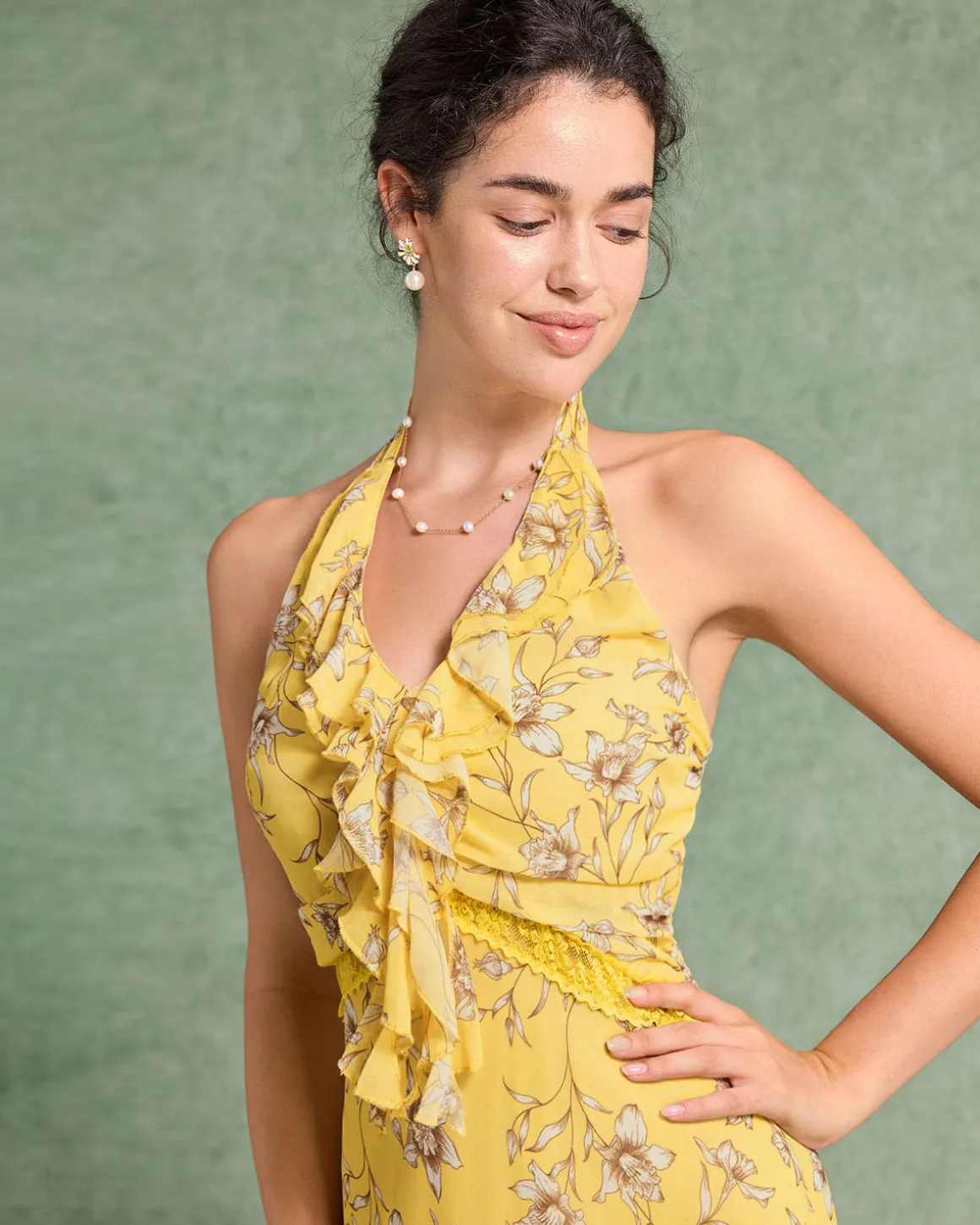 Yellow Floral Shirred Halter Maxi Dress