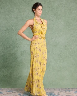 Yellow Floral Shirred Halter Maxi Dress
