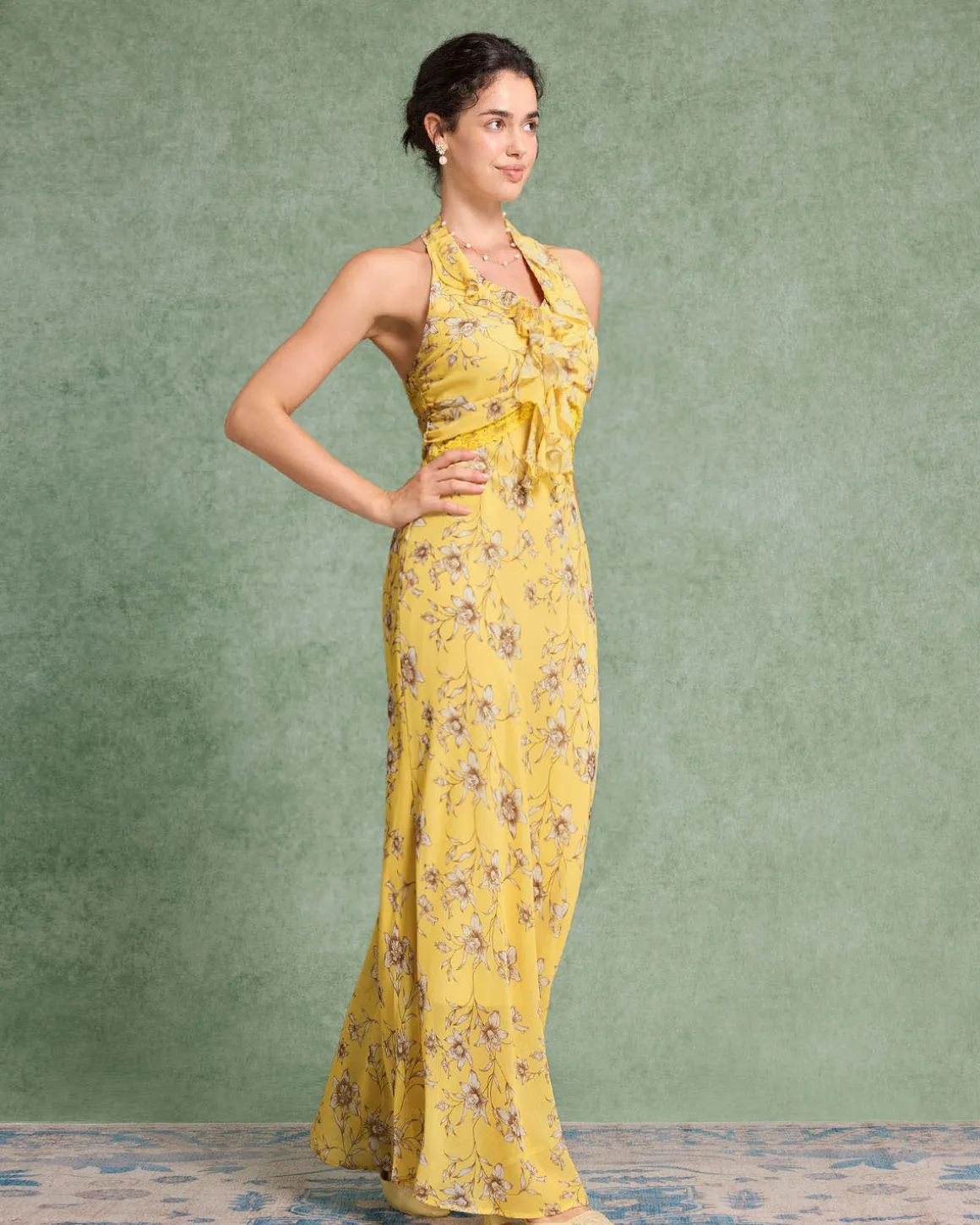 Yellow Floral Shirred Halter Maxi Dress