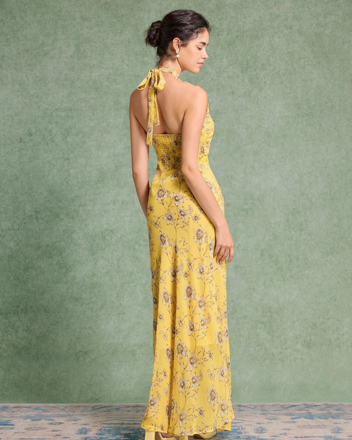 Yellow Floral Shirred Halter Maxi Dress