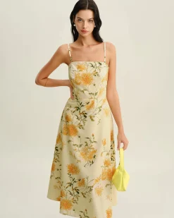 Yellow Floral Shirred Slip Midi Dress