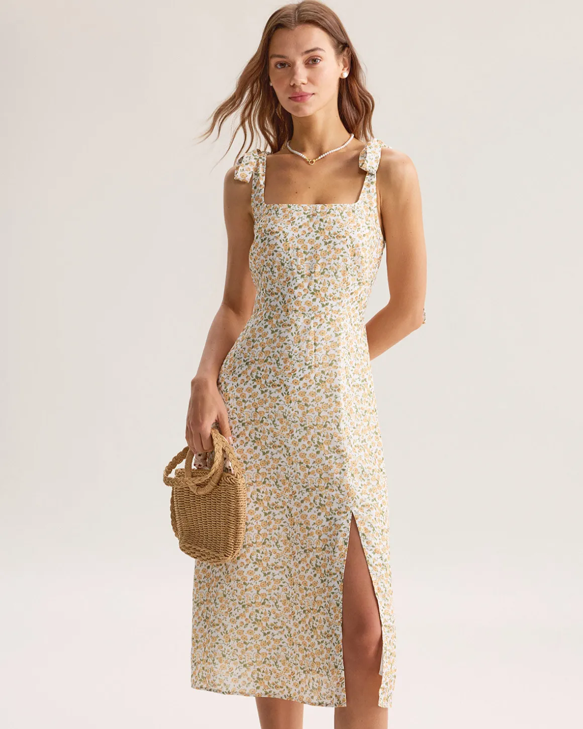 Yellow Floral Shirred Slip Midi Dress