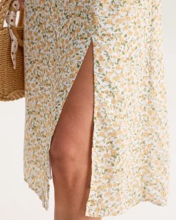 Yellow Floral Shirred Slip Midi Dress