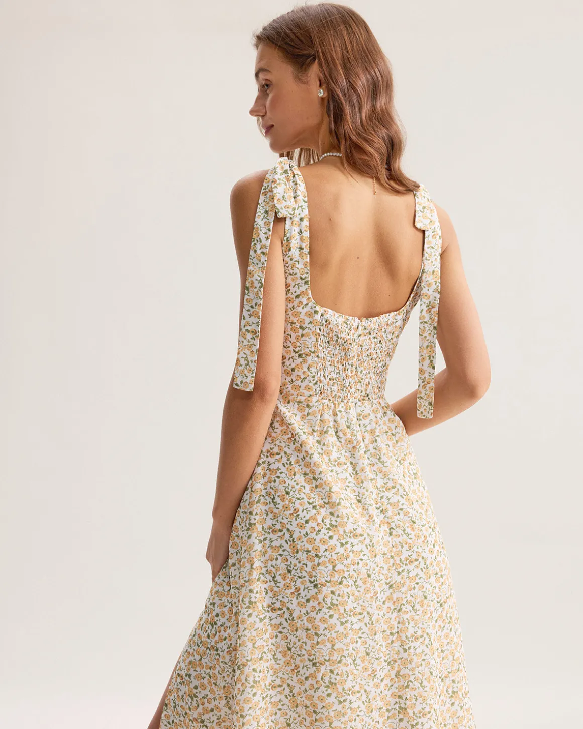 Yellow Floral Shirred Slip Midi Dress