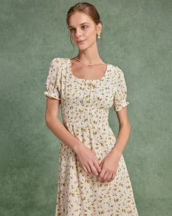 Yellow Floral Square Neck Shirred Midi Dress