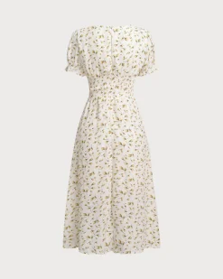 Yellow Floral Square Neck Shirred Midi Dress