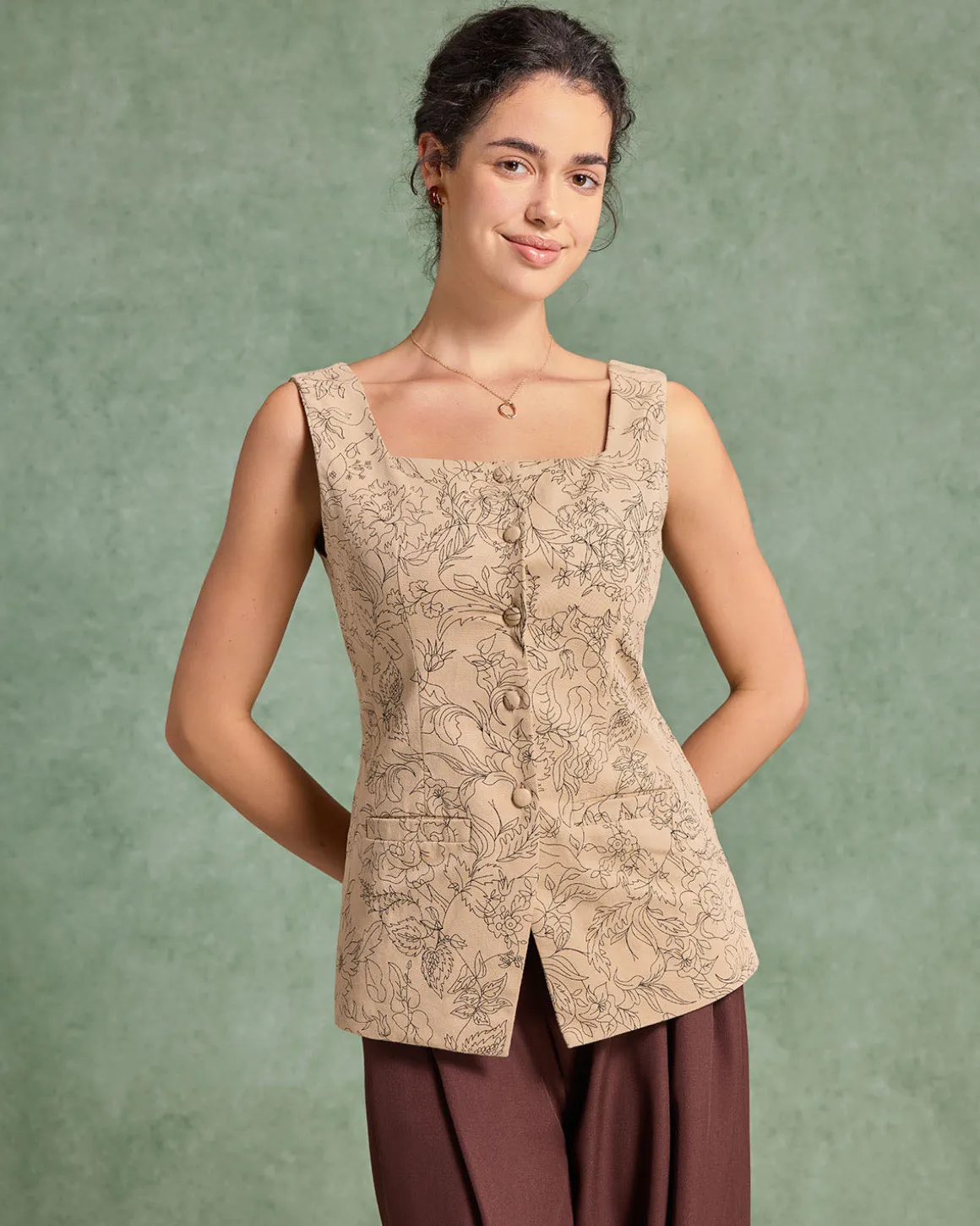 Yellow Floral Square Neck Vest