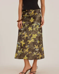 Yellow Floral Straight Midi Skirt