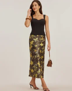 Yellow Floral Straight Midi Skirt