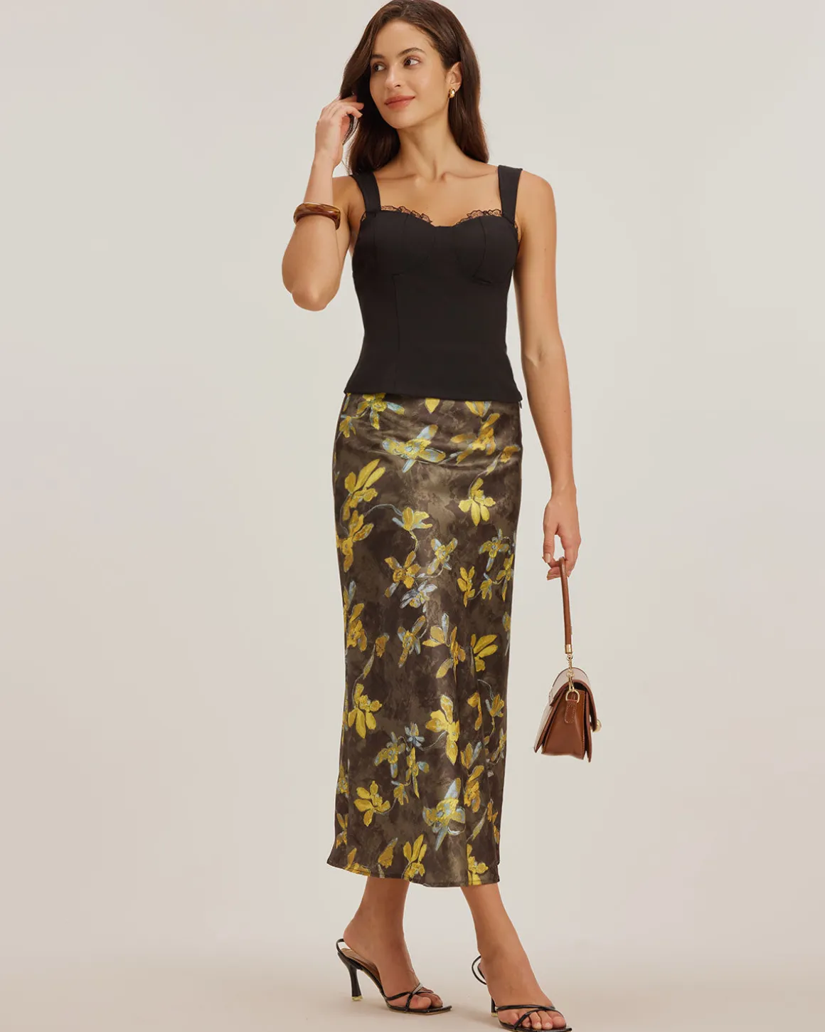 Yellow Floral Straight Midi Skirt
